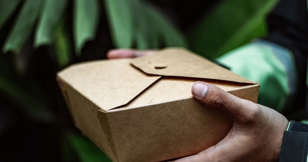 Hand holding a brown takeaway food box, the kind of food delivery package a bagasse clamshell is used for