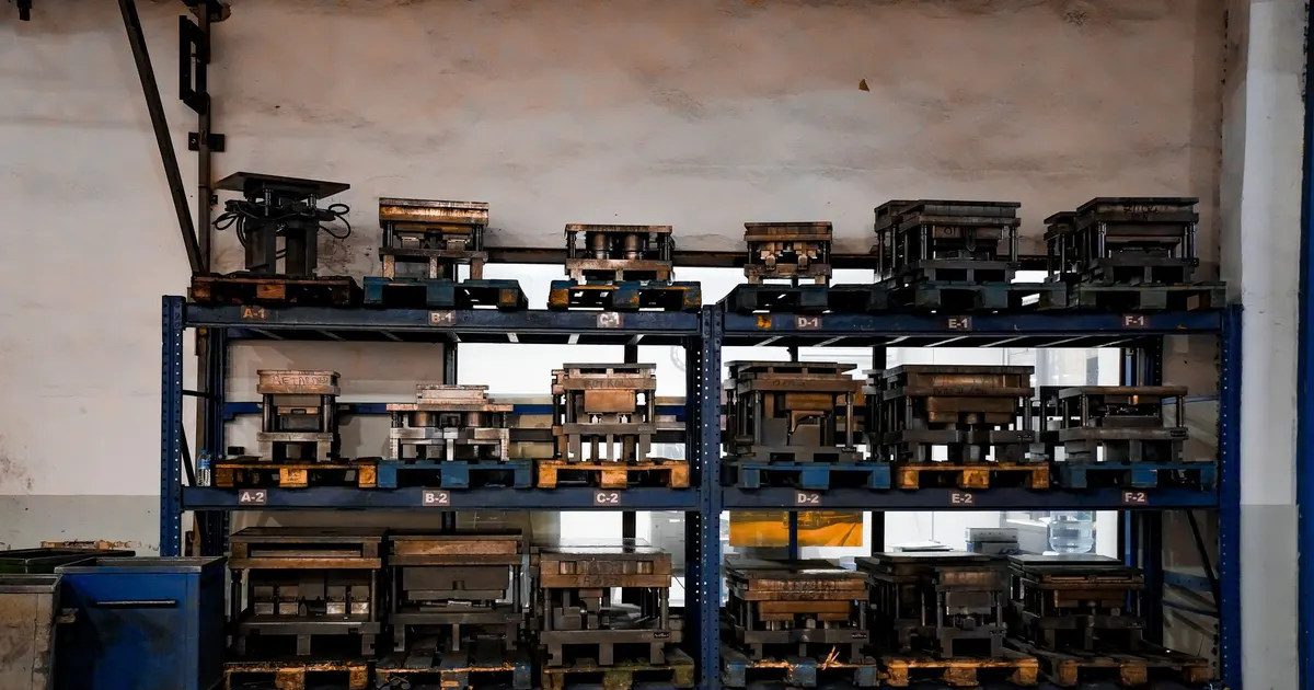 Metal tooling molds stored on industrial shelving in a workshop, the kind of tooling behind a bagasse custom mold